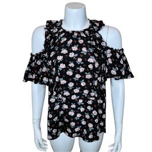 Rebecca Taylor Cold Shoulder Ruffled Silk Top Blouse 8 Black Multicolor